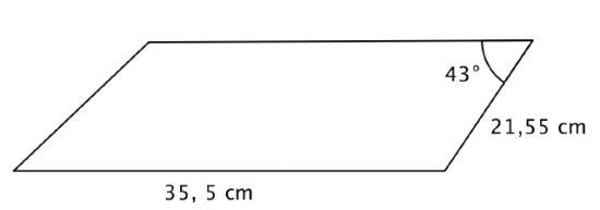 Parallellogram, to lengste sidene er 35,5 cm, to korteste er 21,55 cm. Minste vinkelen som utspenner parallellogrammet er 43 grader.
